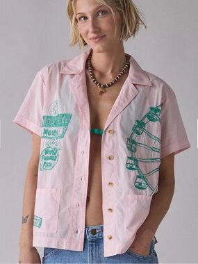 URBAN OUTFITTERS BDG Pink Nash Embroidered Souvenir Button Down Shirt